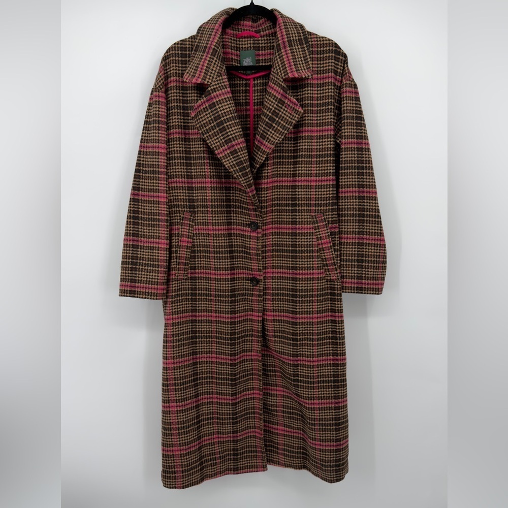 Wild Fable Plaid Long Coat Pink Brown Wool Blend Size Small